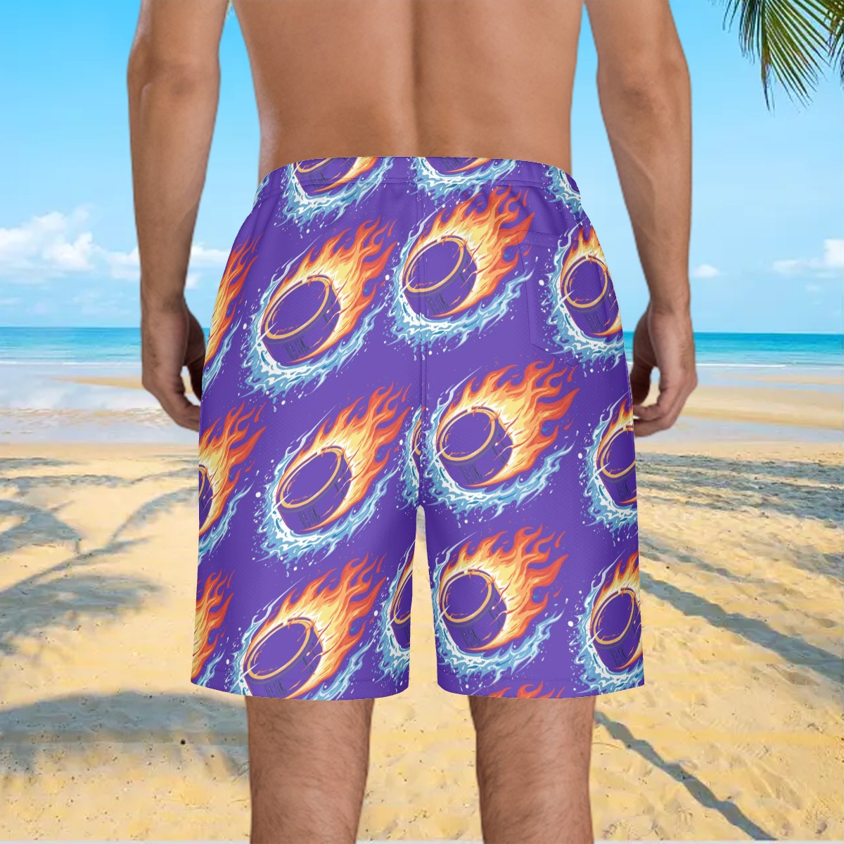 Men/Teen Swim Shorts - Flamin Hockey Pucks Royal Purple