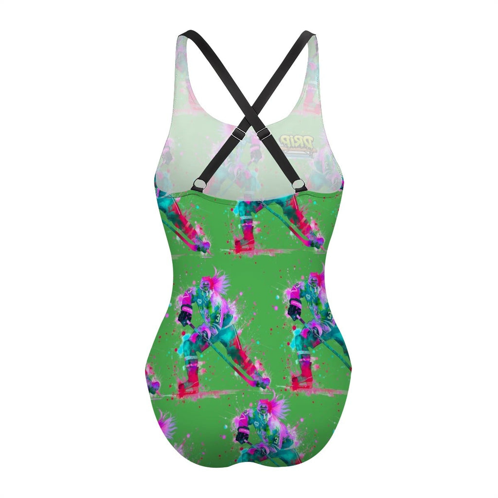 Cross-Back One Piece Swimsuit Women - Hockey Drip Flo Green