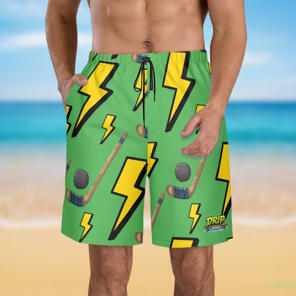 Men/Teen Swim Shorts - Lightning Bolts and Hockey Sticks Green