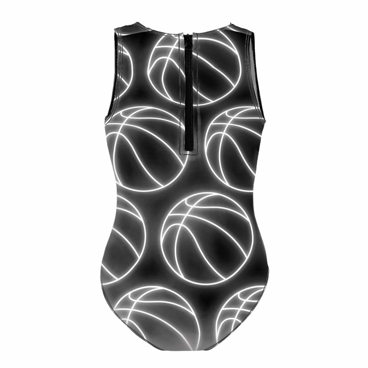 Girls One Piece Swimsuits - Neon White Basketballs Black