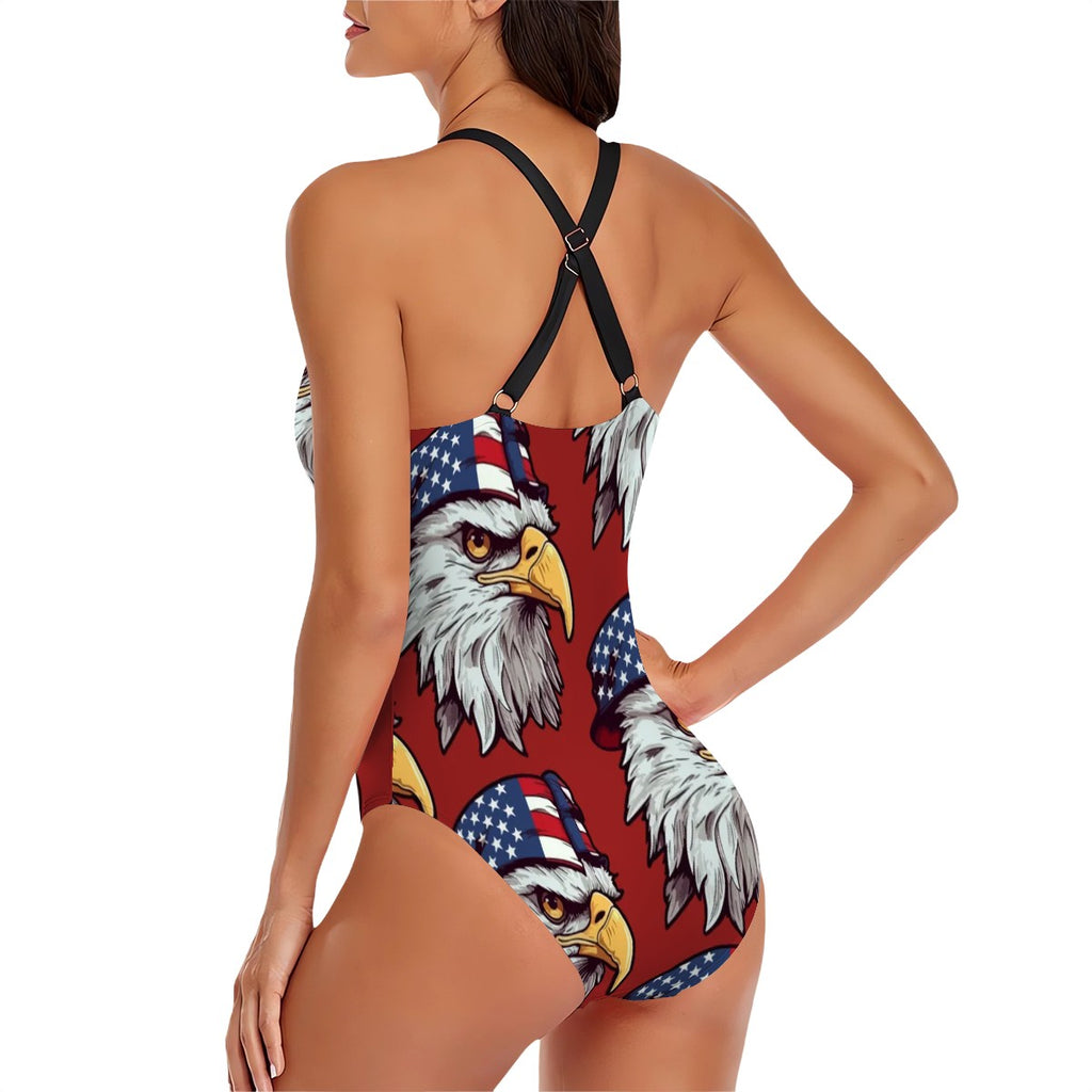 Cross-Back One Piece Swimsuit Women - Eagles Fly Classic Red
