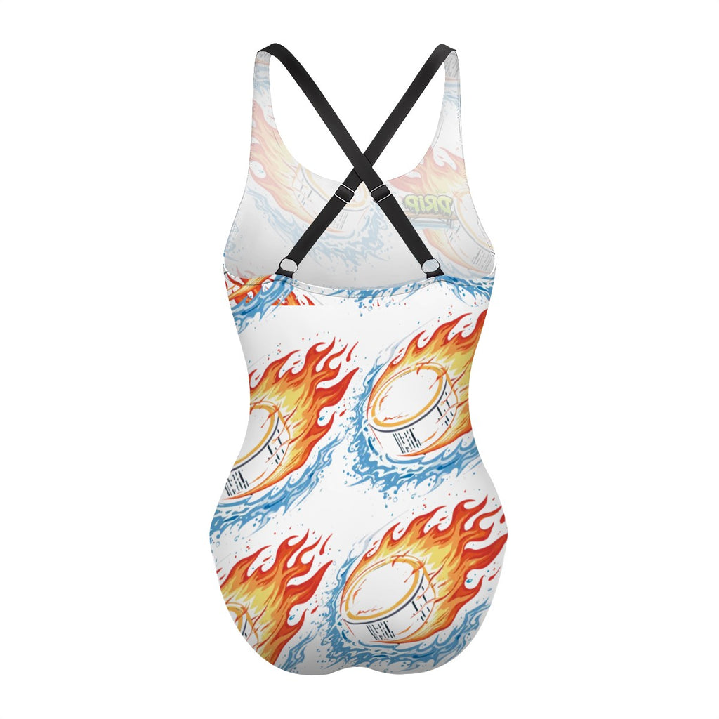 Cross-Back One Piece Swimsuit Women - Flamin Hockey Pucks White