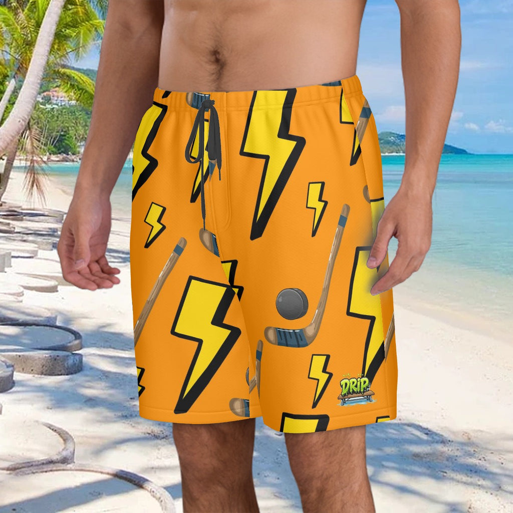 Men/Teen Swim Shorts - Lightning Bolts and Hockey Sticks Orange