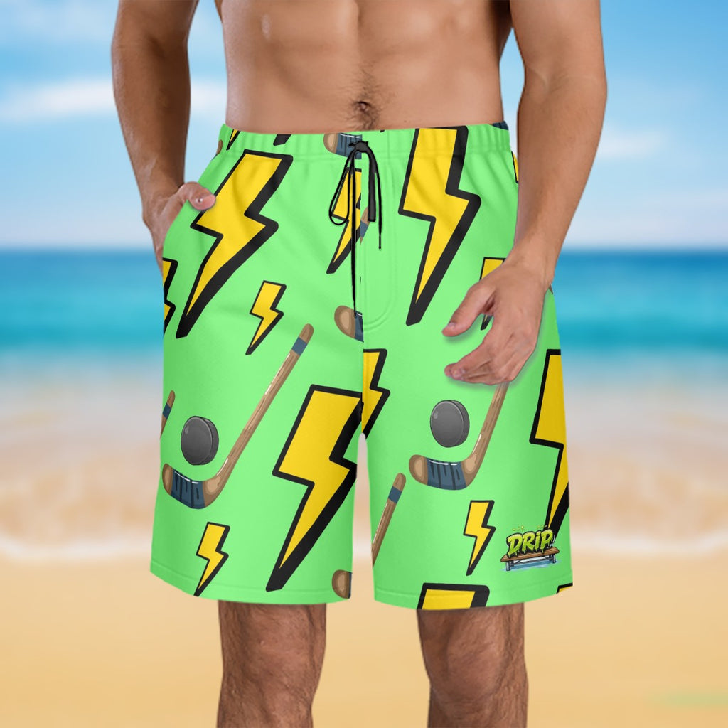 Men/Teen Swim Shorts - Lightning Bolts and Hockey Sticks Hot Green