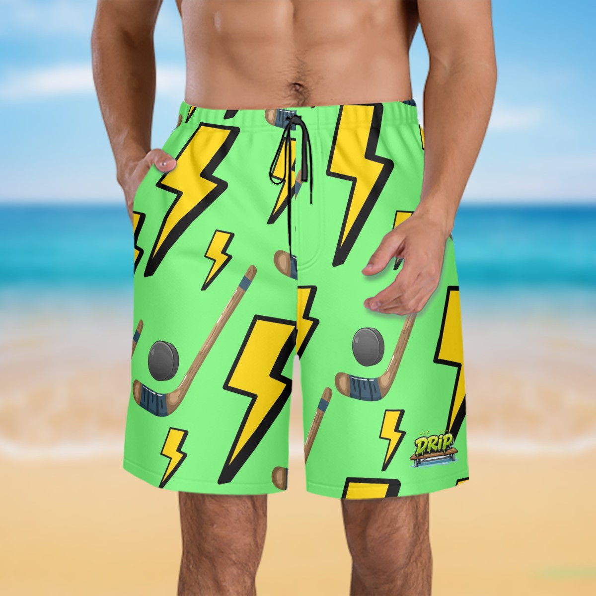 Men/Teen Swim Shorts - Lightning Bolts and Hockey Sticks Hot Green