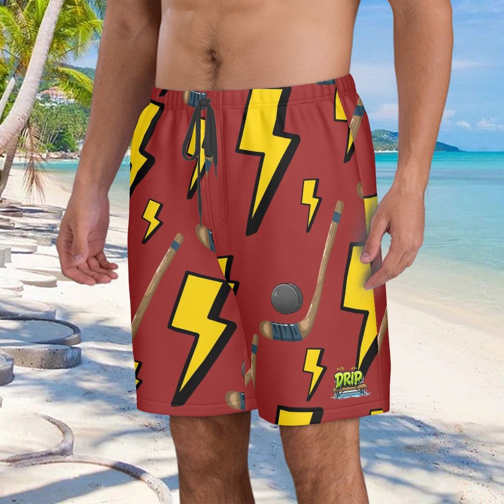 Men/Teen Swim Shorts - Lightning Bolts and Hockey Sticks Classic Red