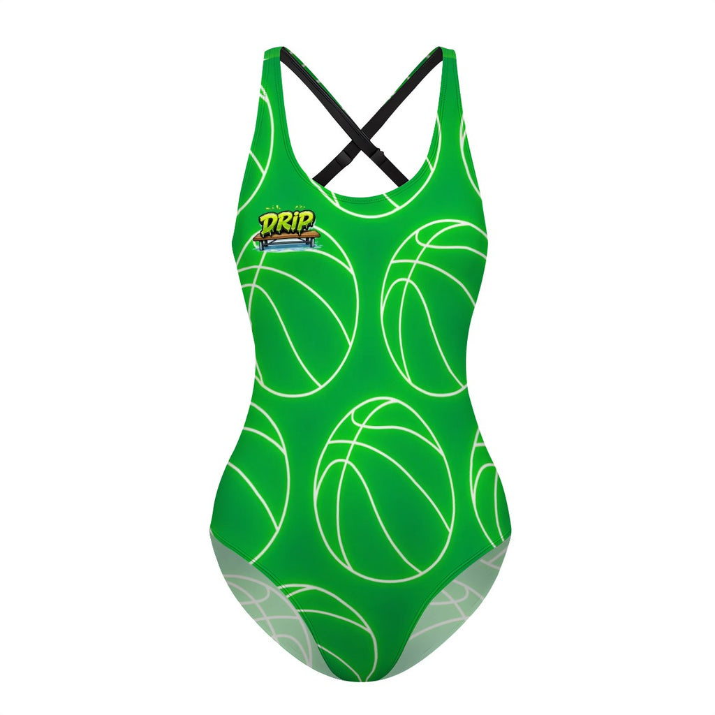 Cross-Back One Piece Swimsuit Women/Teen - Neon Green Basketballs Classic Green