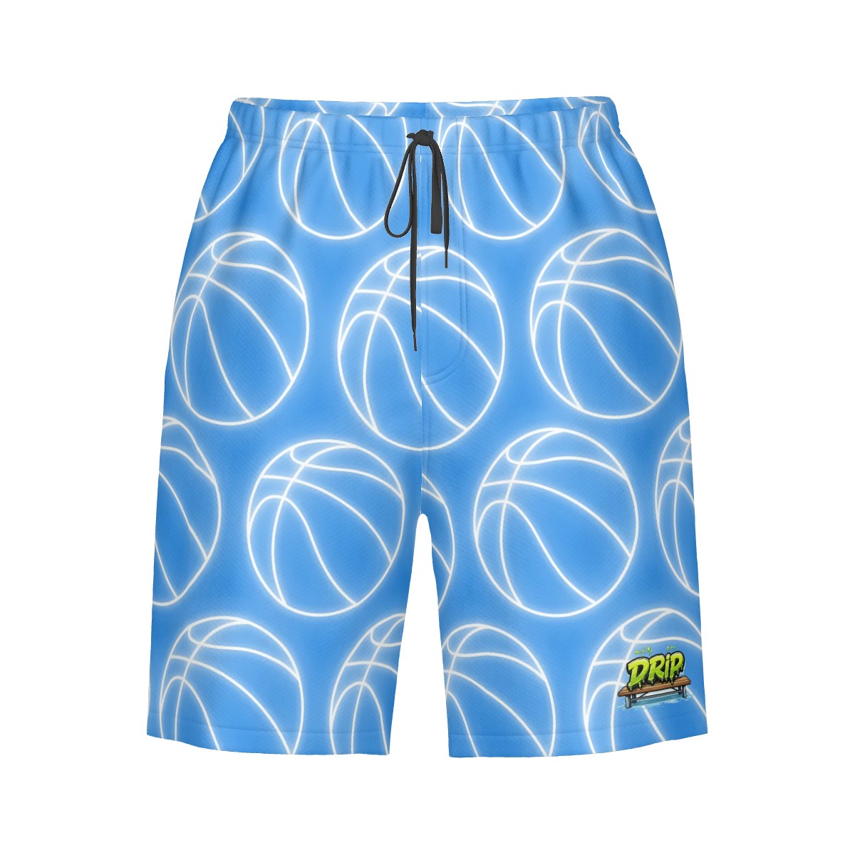 Men/Teen Swim Shorts - Neon White Basketballs Sky Blue
