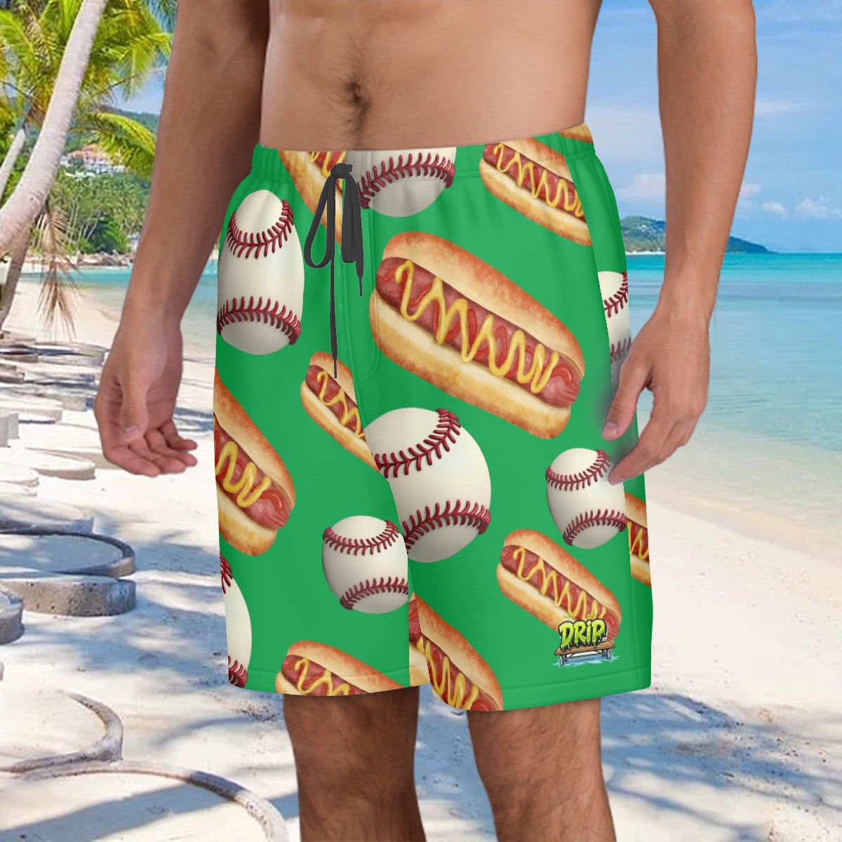 Men/Teen Swim Shorts - Baseballs and Hotdogs Green