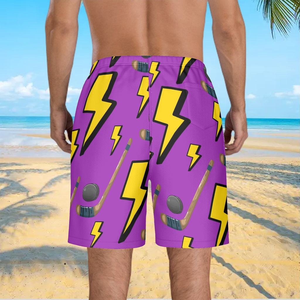 Men/Teen Swim Shorts - Lightning Bolts and Hockey Sticks Purple