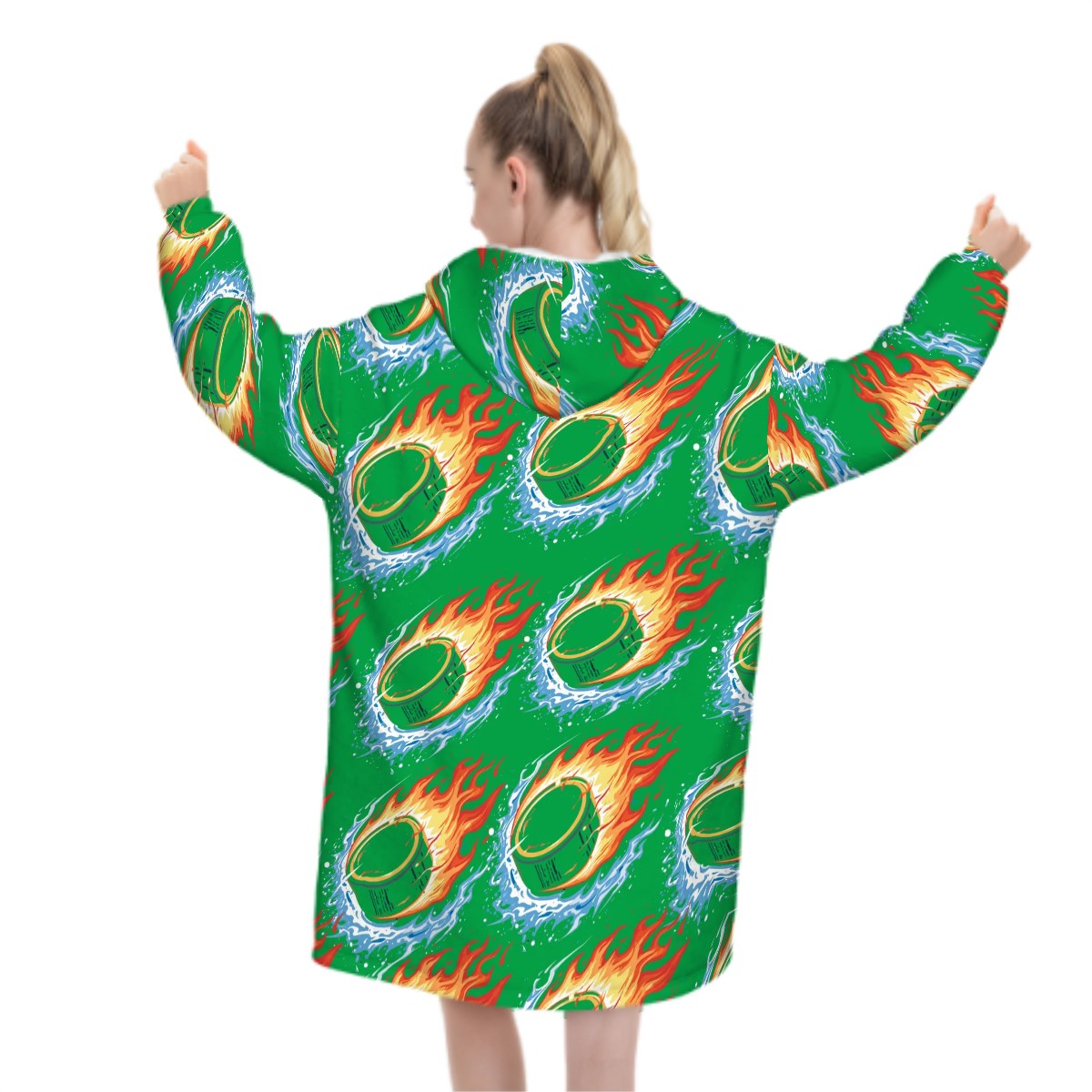 Adult Blanket Sweatshirt - Flamin Hockey Pucks Classic Green