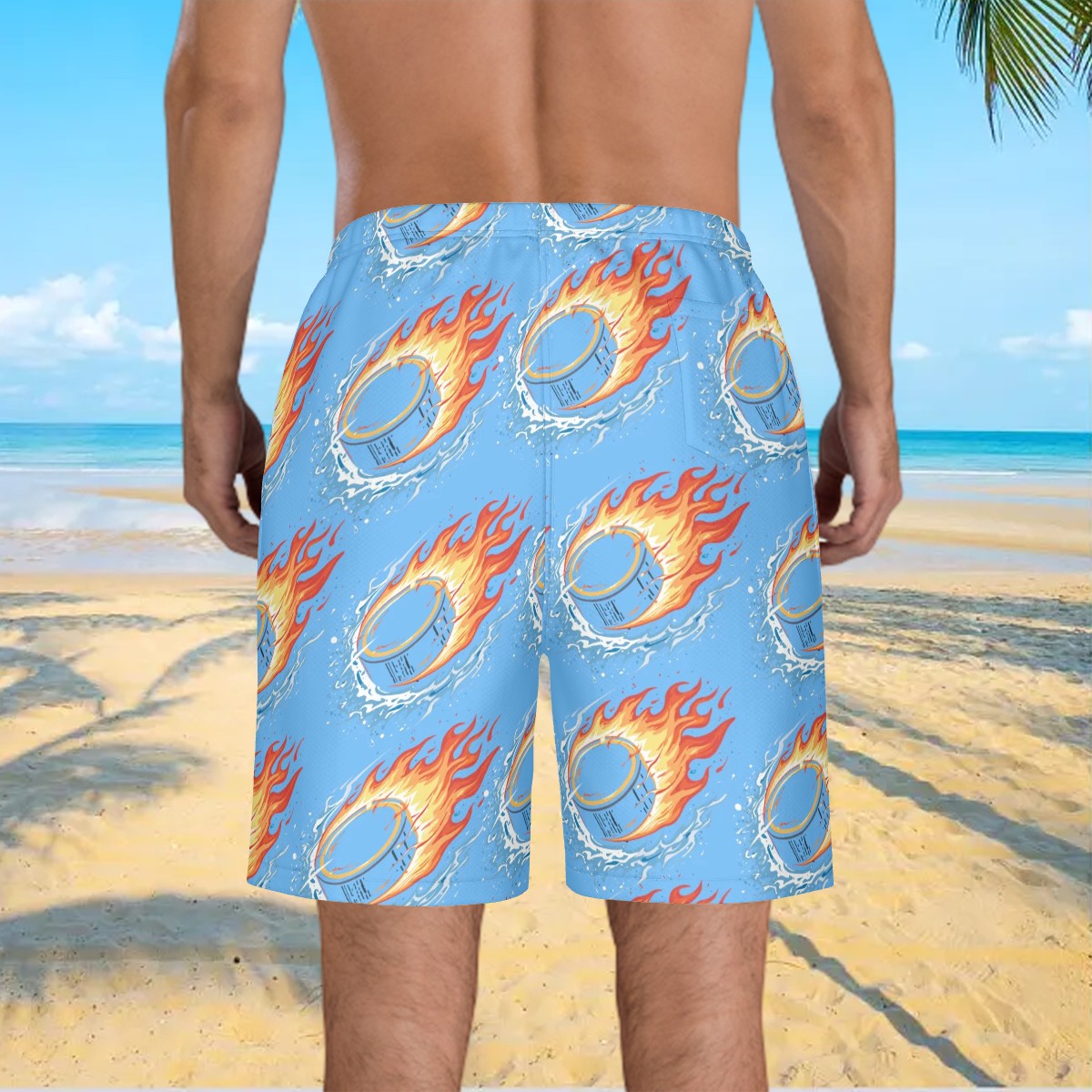 Men/Teen Swim Shorts - Flamin Hockey Pucks Sky Blue