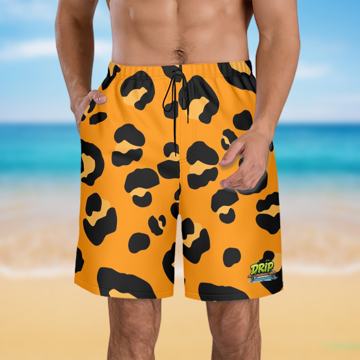 Men/Teen Swim Shorts - Drip Bench Leopard Orange