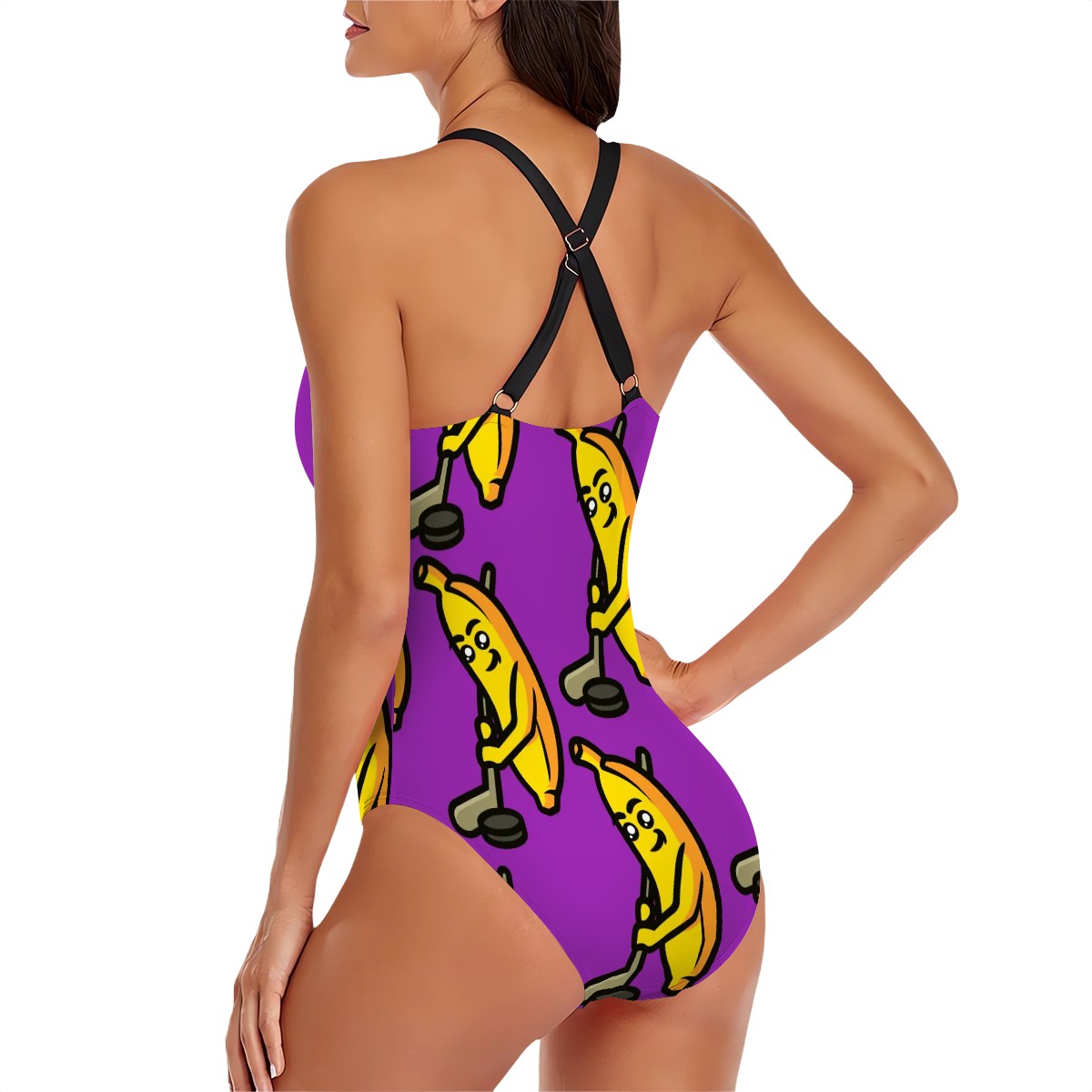 Cross-Back One Piece Swimsuit Women - Bananas about Hockey Purple