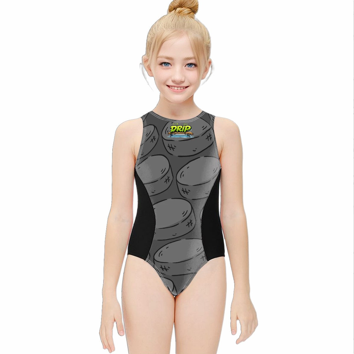 Girls One Piece Swimsuits - Grey Hockey Pucks Grey
