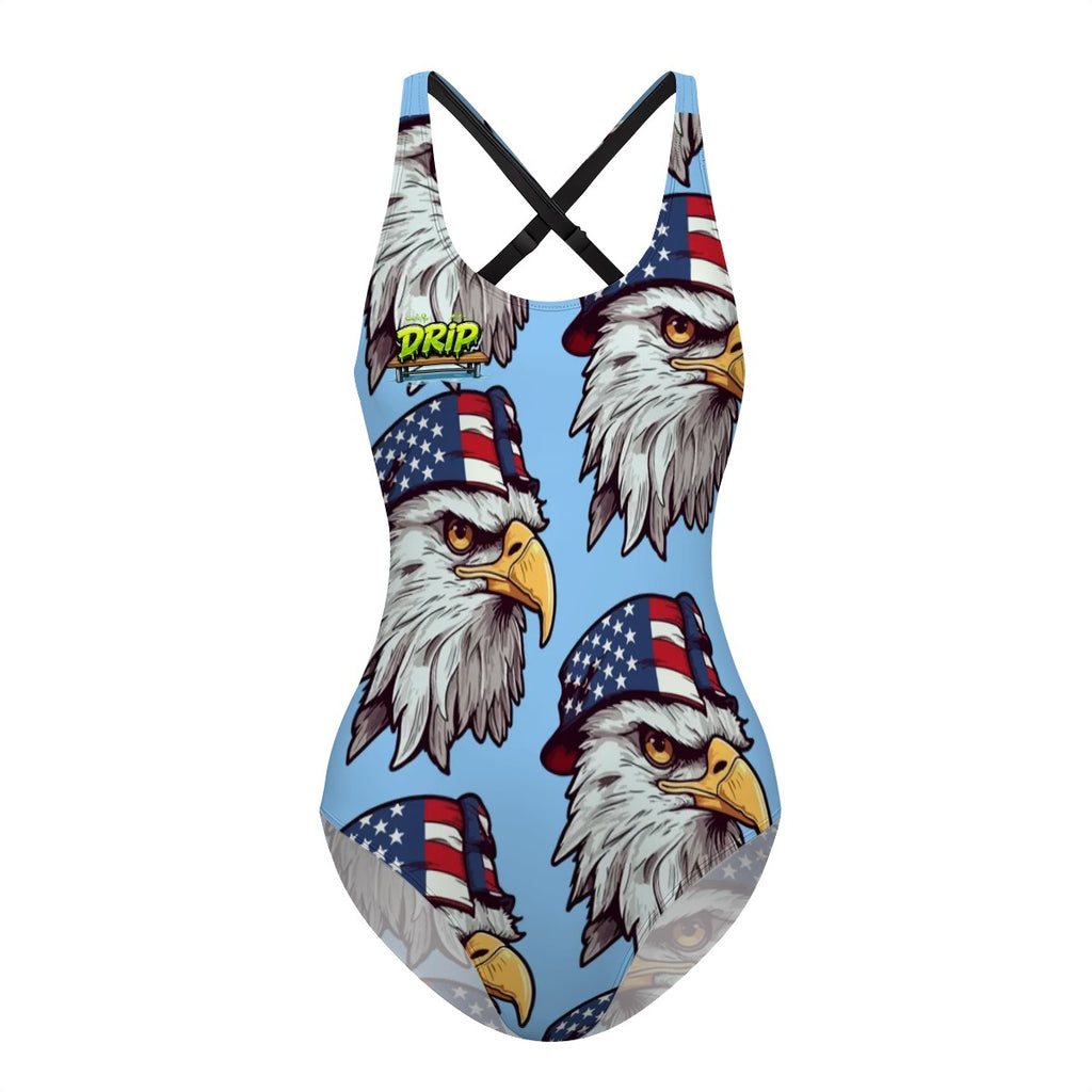 Cross-Back One Piece Swimsuit Women/Teen - Eagles Fly Blue