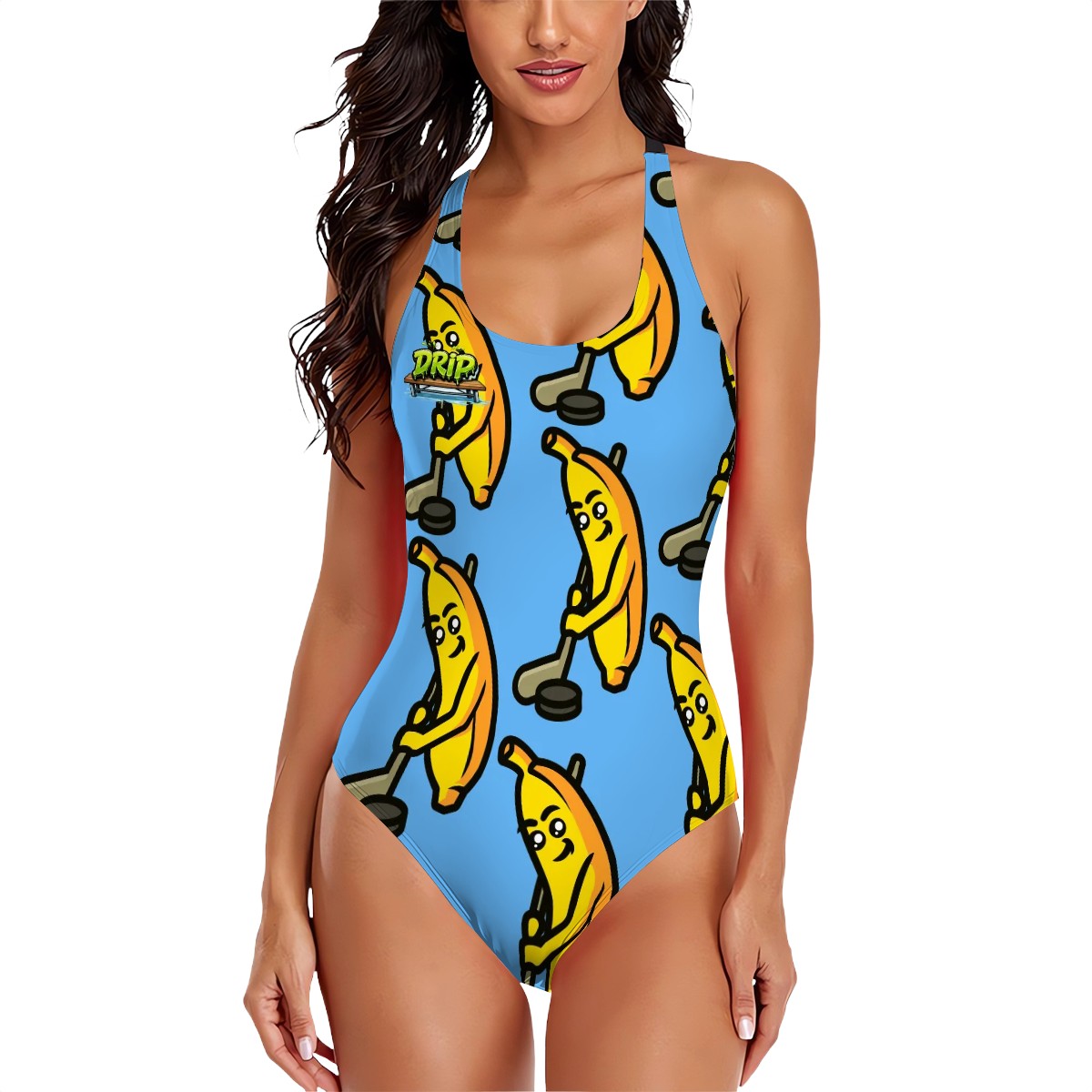 Cross-Back One Piece Swimsuit Women - Bananas about Hockey Sky Blue