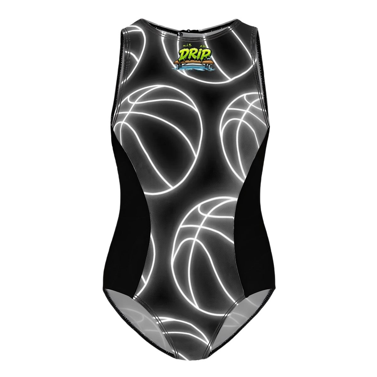 Girls One Piece Swimsuits - Neon White Basketballs Black