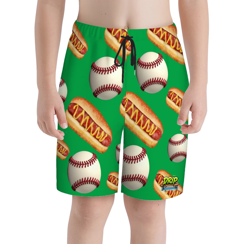 Youth Swim Shorts - Baseball and Hotdogs Green