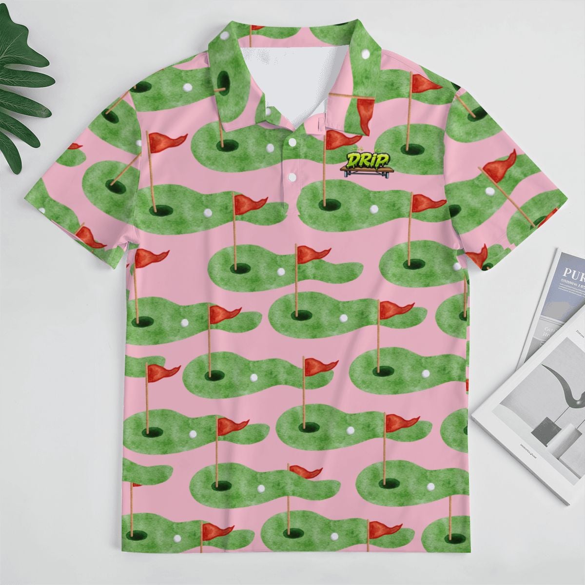 Uncle Golf Shirt - Green Hole Flag Sketch Pink