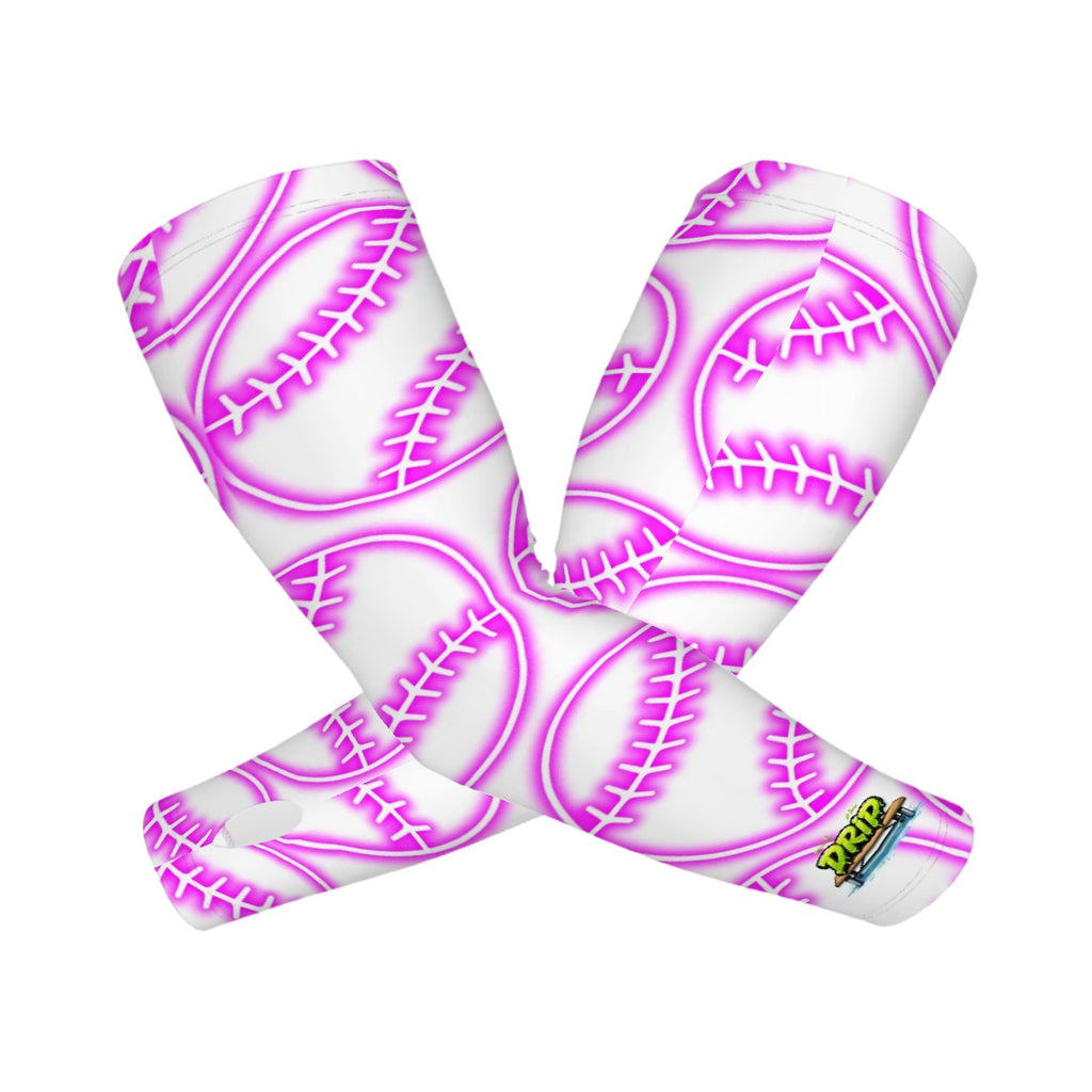 Drip Bench Performance Arm Sleeves - Neon Pink Baseballs White