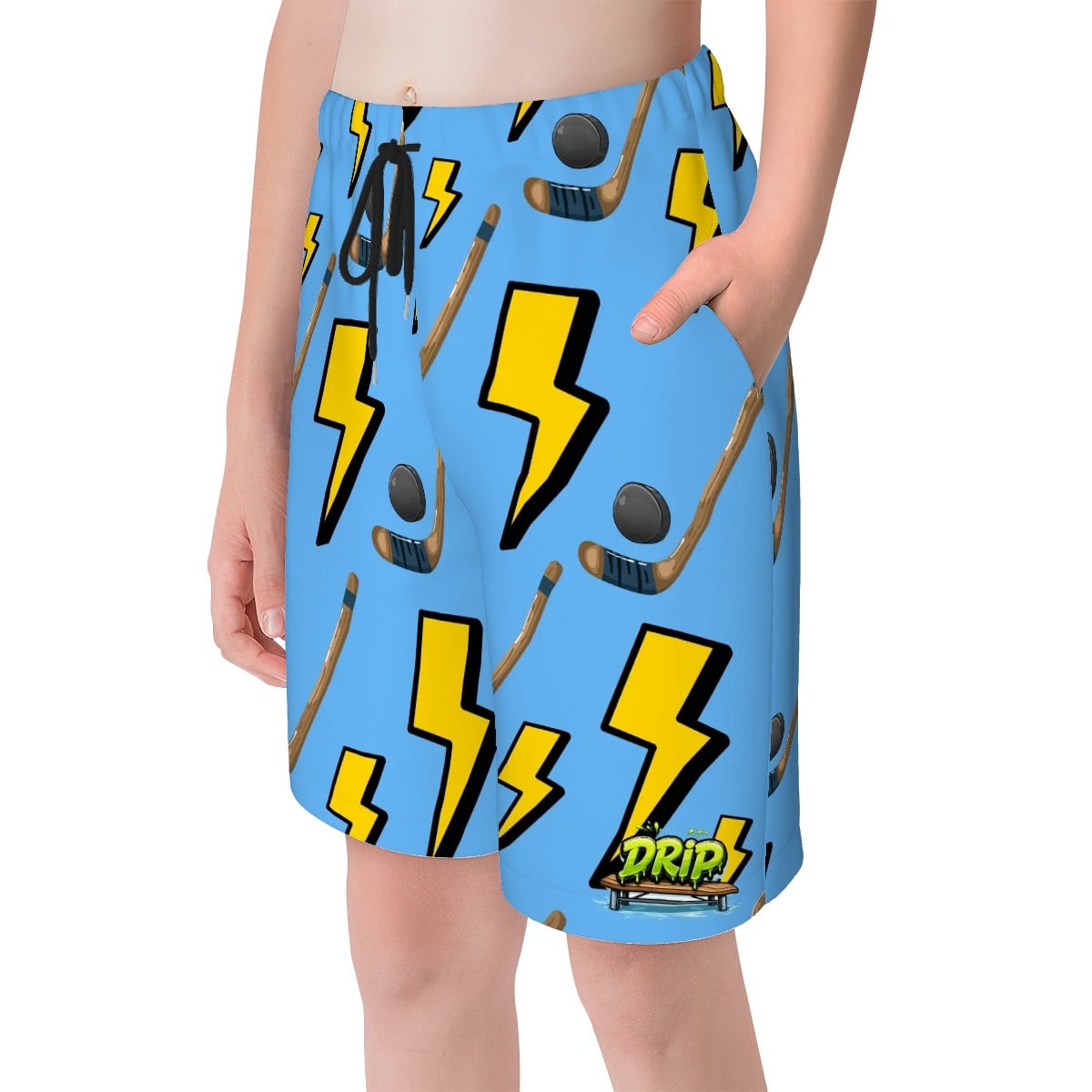 Youth Swim Shorts - Lightning Bolts and Hockey Sticks Sky Blue