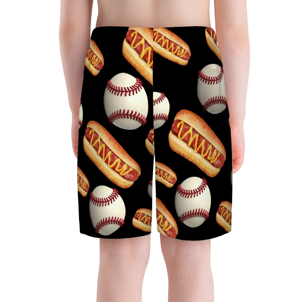 Youth Swim Shorts - Baseball and Hotdogs Black
