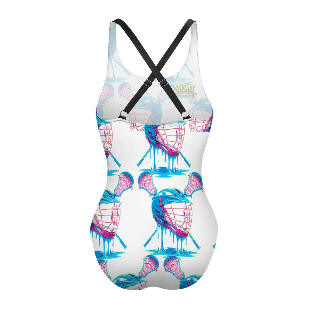 Cross-Back One Piece Swimsuit Women - Lacrosse Helmet Sticks White