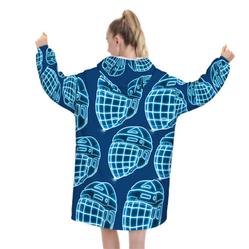 Adult Blanket Sweatshirt - Hockey Helmet Neon Blue Midnight