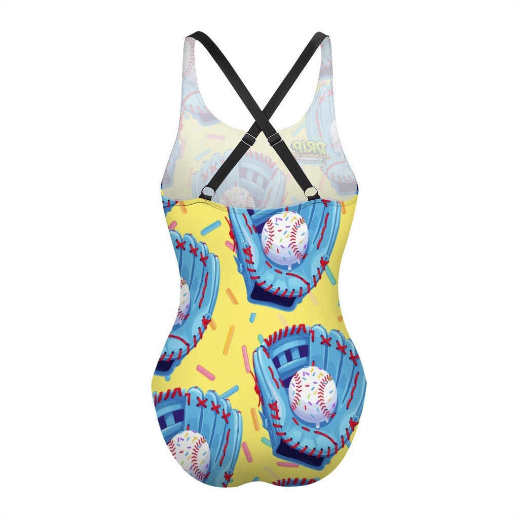 Cross-Back One Piece Swimsuit Women - Baseball Sprinkle Drip Yellow