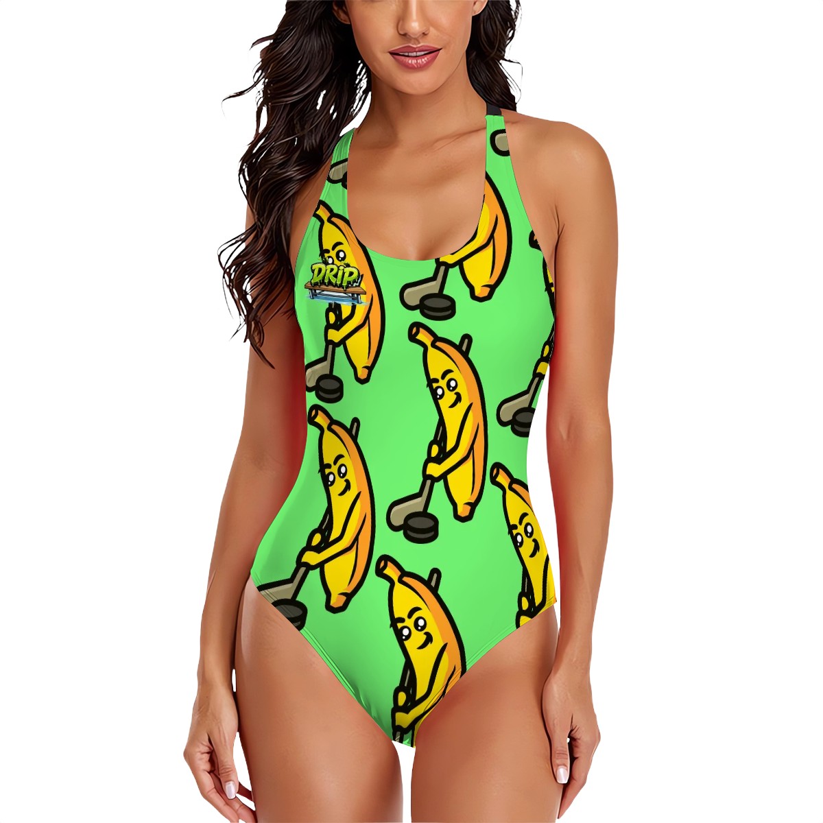 Cross-Back One Piece Swimsuit Women - Bananas about Hockey Hot Green