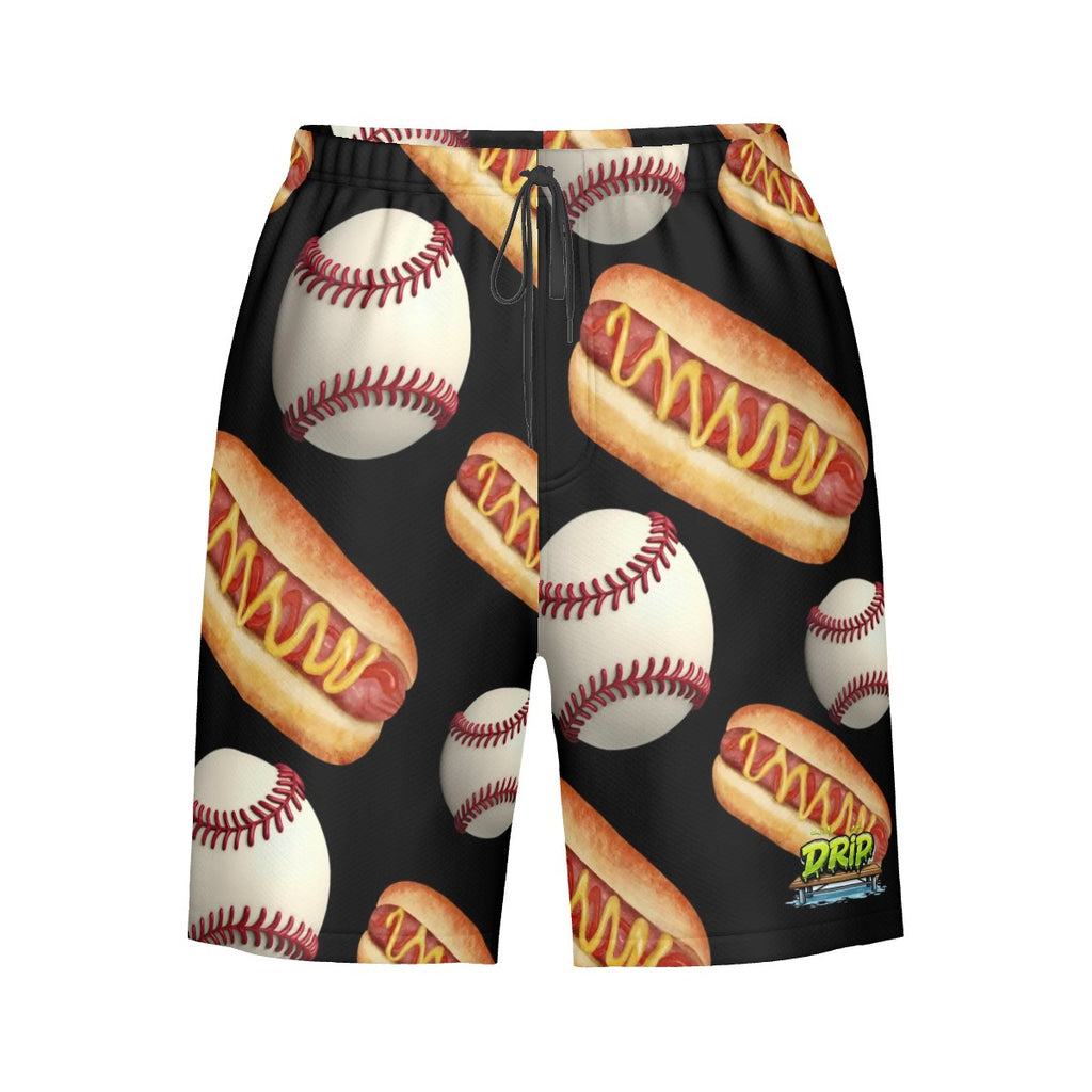 Men/Teen Swim Shorts - Baseballs and Hotdogs Black