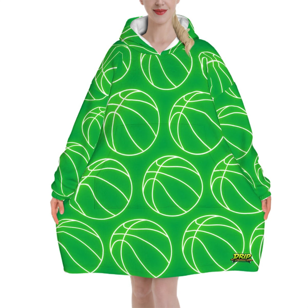 Adult Blanket Sweatshirt - Neon Basketballs Classic Green