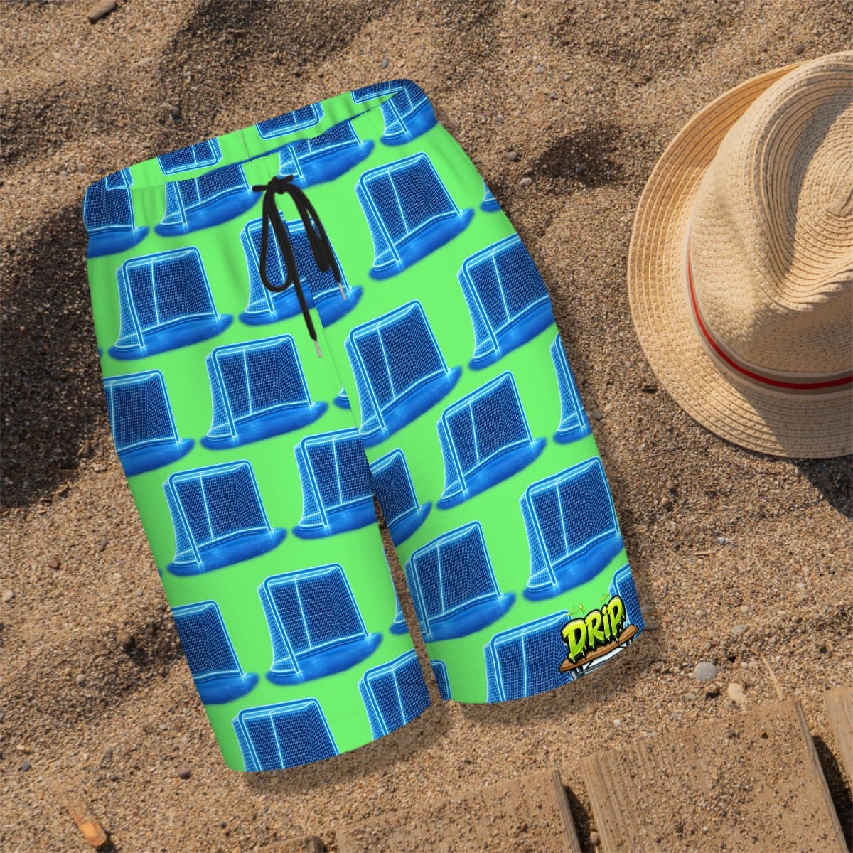 Youth Swim Shorts - Neon Blue Hockey Nets Hot Green