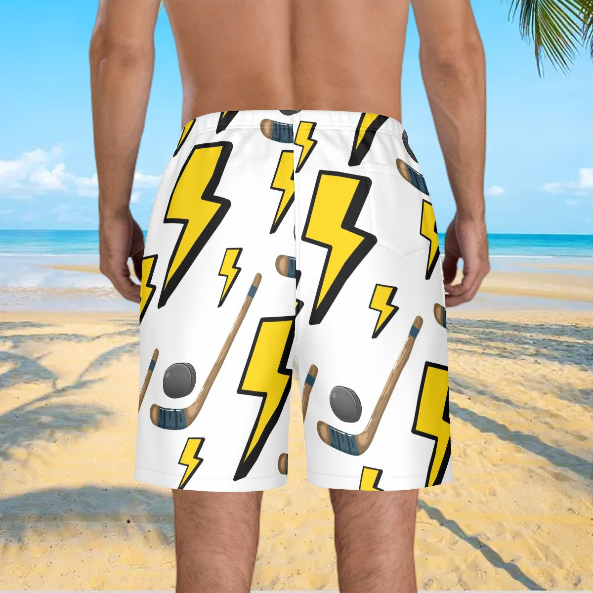Men/Teen Swim Shorts - Lightning Bolts and Hockey Sticks White