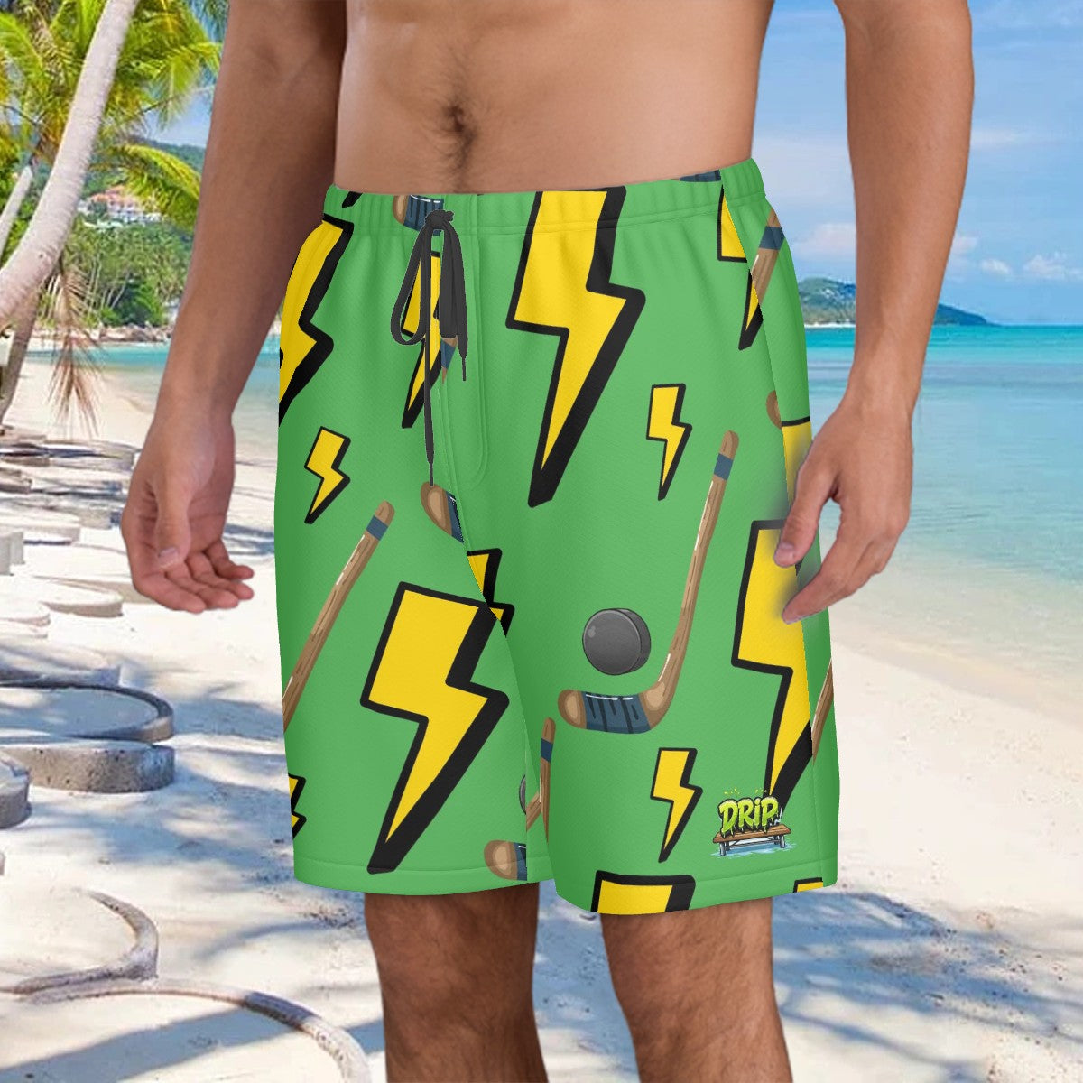 Men/Teen Swim Shorts - Lightning Bolts and Hockey Sticks Green