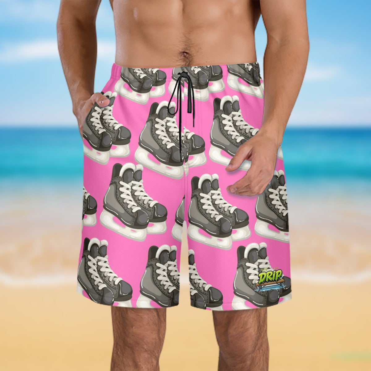 Men/Teen Swim Shorts - Hockey Skates Hot Pink