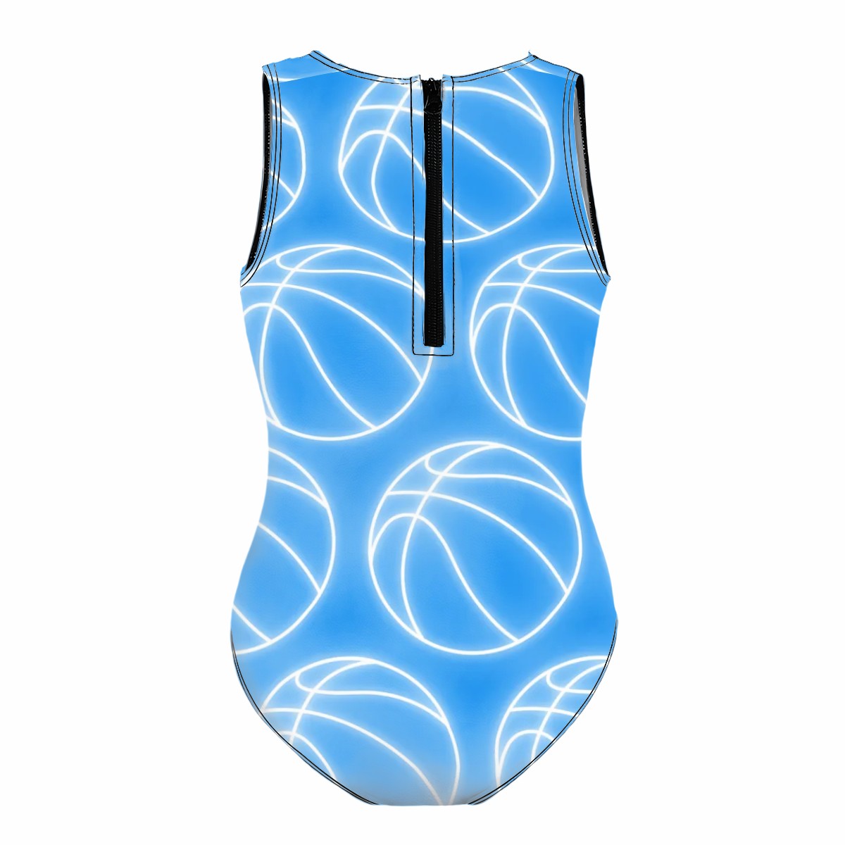 Girls One Piece Swimsuits - Neon White Basketballs Sky Blue
