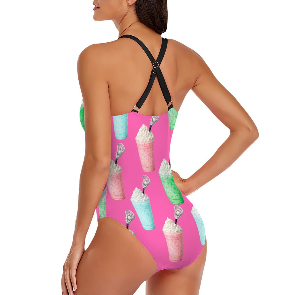 Cross-Back One Piece Swimsuit Women - Ice Cream Lacrosse Hot Pink