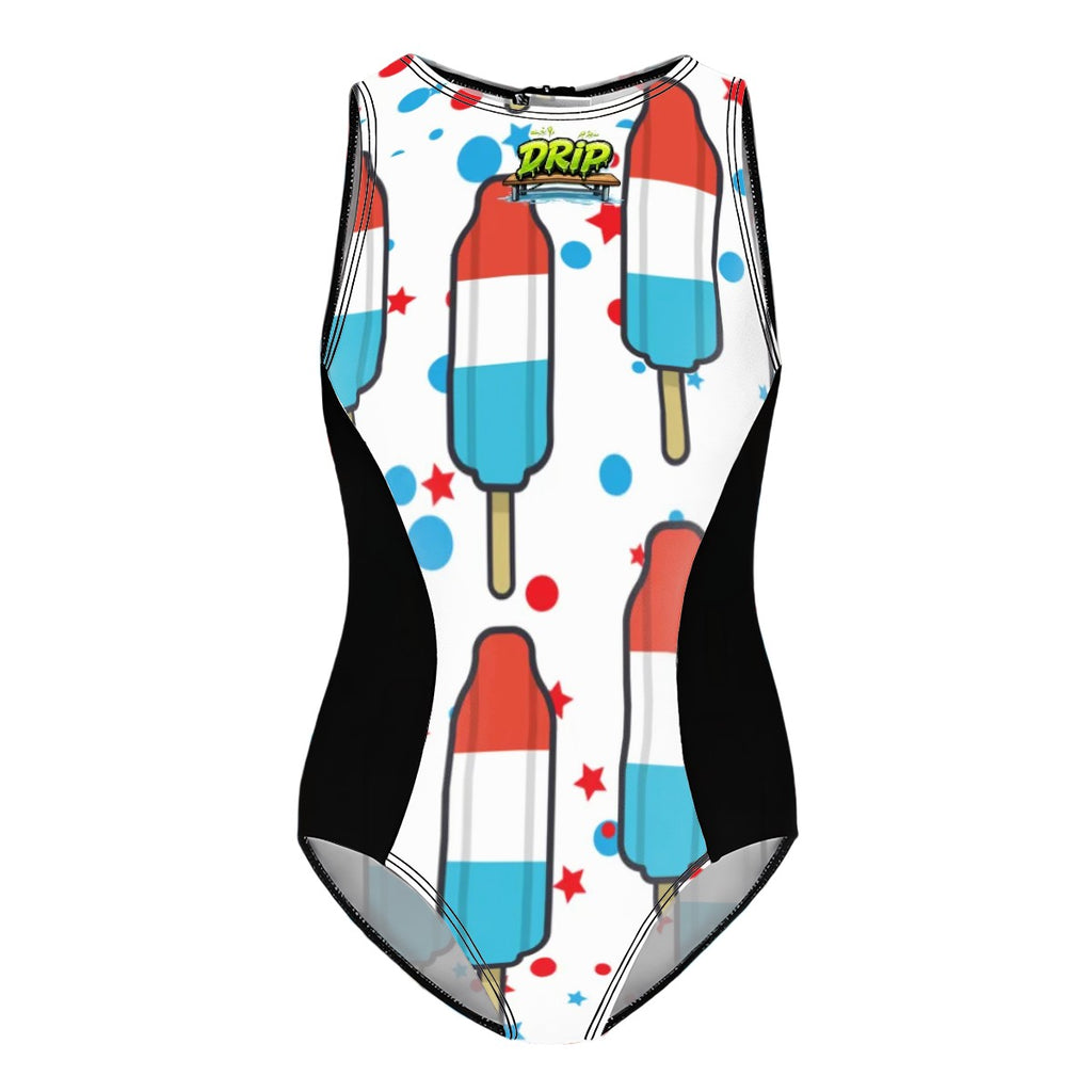 Girls One Piece Swimsuit - Red White and Blue Pop White