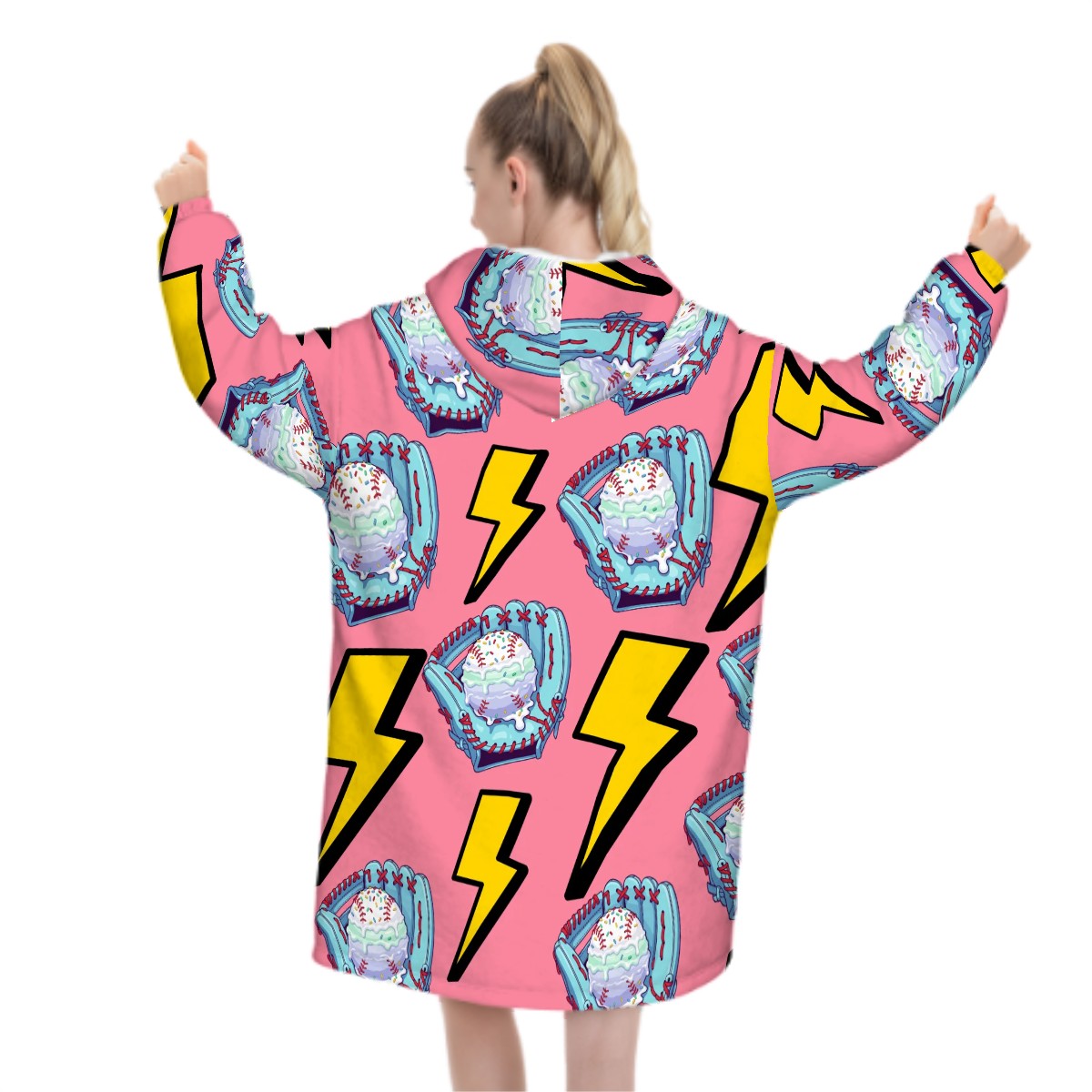 Adult Blanket Sweatshirt - Lightning Bolts and Baseball Ice Cream Drip Pink