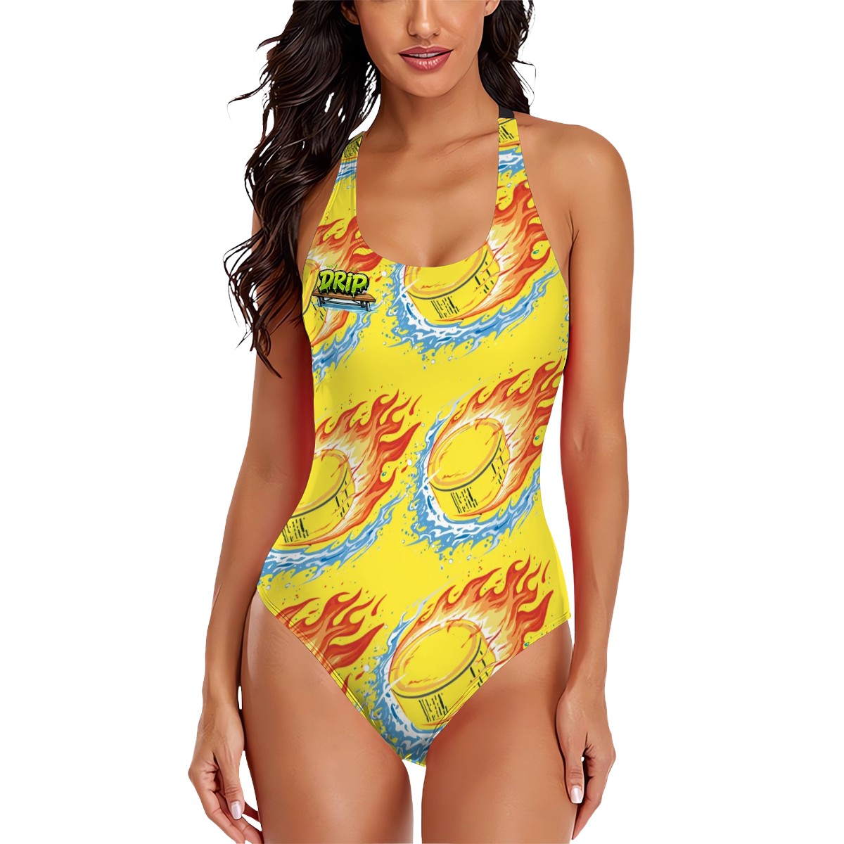 Cross-Back One Piece Swimsuit Women - Flamin Hockey Pucks Yellow