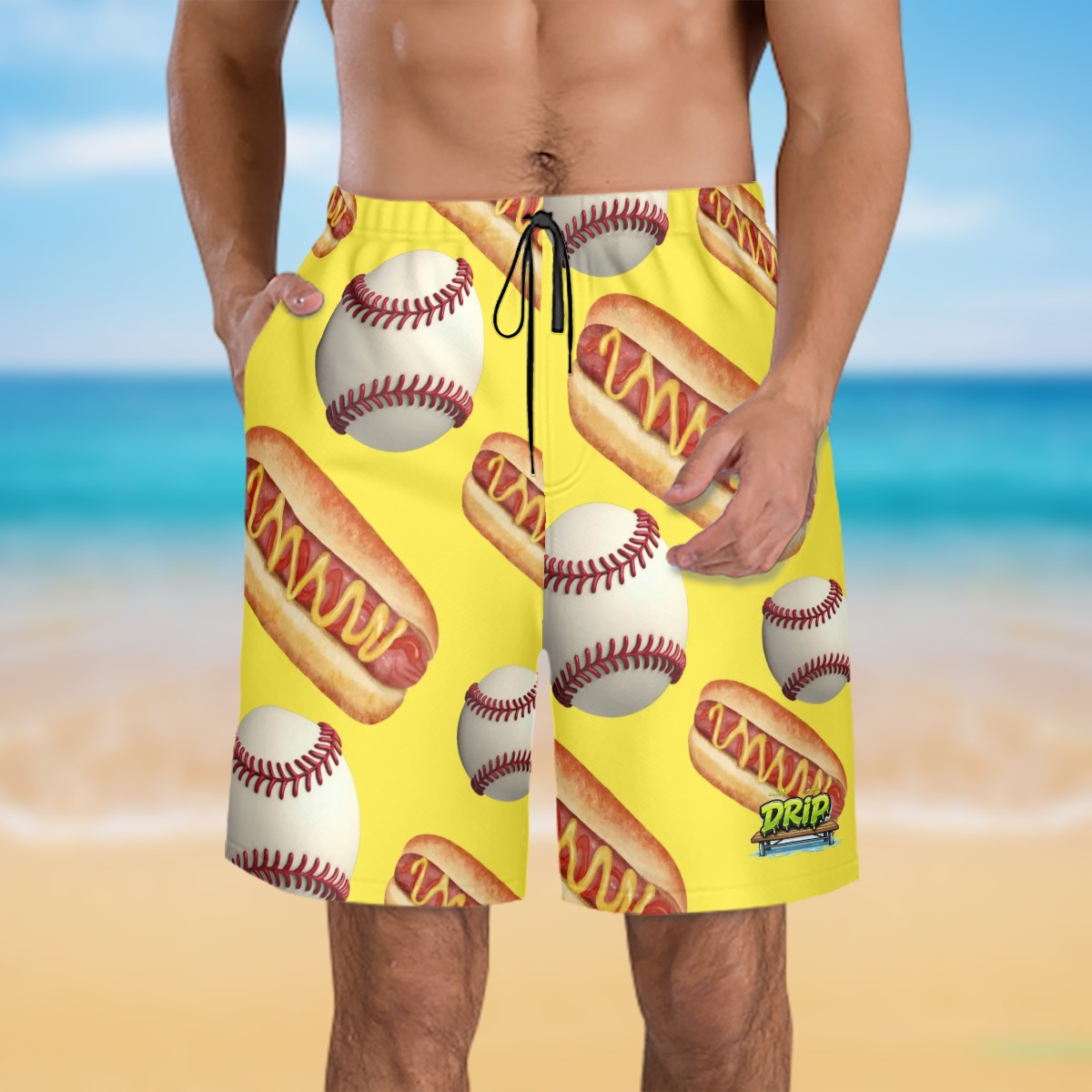 Men/Teen Swim Shorts - Baseballs and Hotdogs Yellow