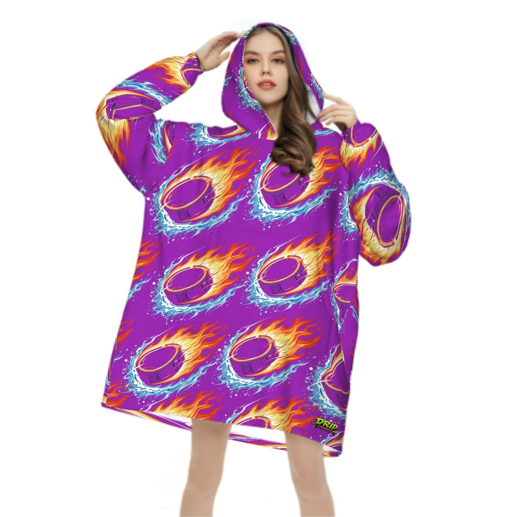 Adult Blanket Sweatshirt - Flamin Hockey Pucks Classic Purple
