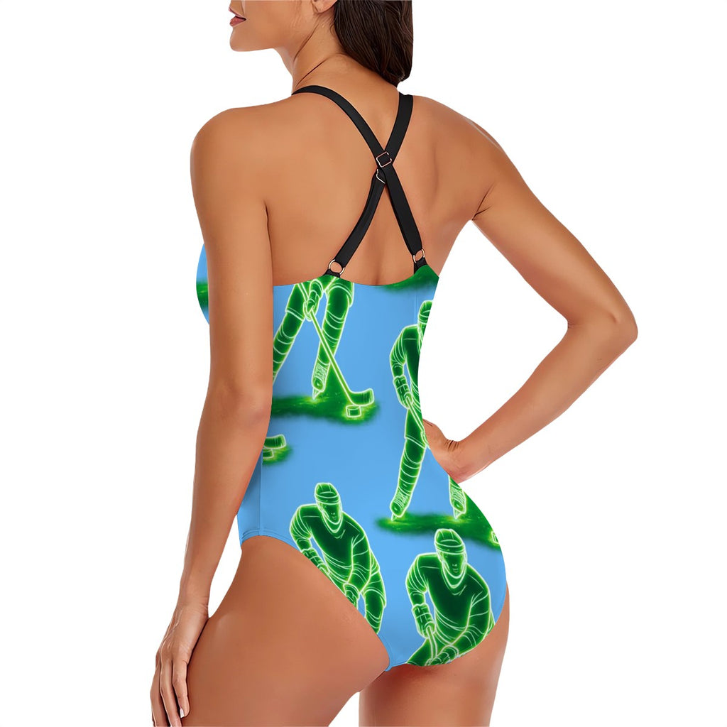 Cross-Back One Piece Swimsuit Women - Hockey Guys Blue