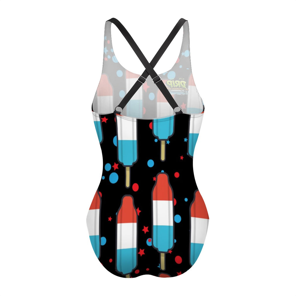 Cross-Back One Piece Swimsuit Women - Red White and Blue Pop Black