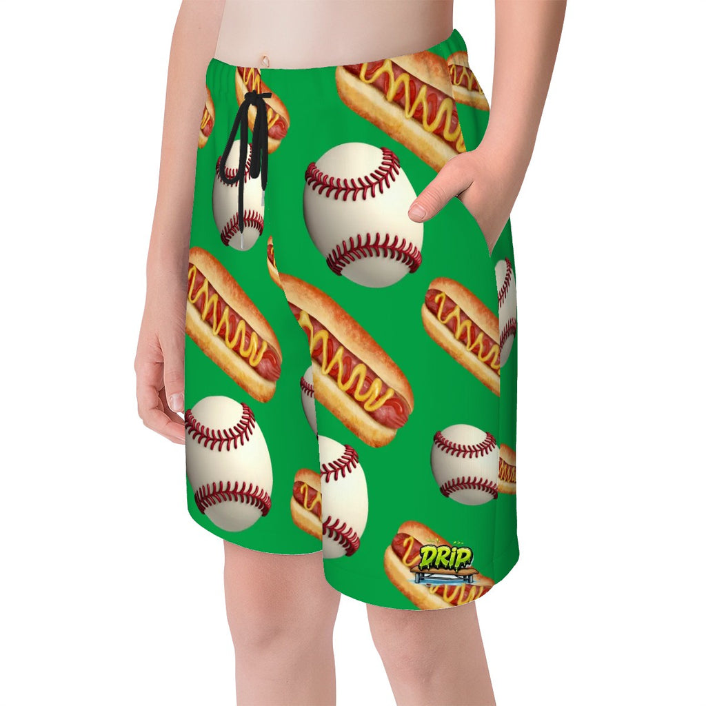 Youth Swim Shorts - Baseball and Hotdogs Green