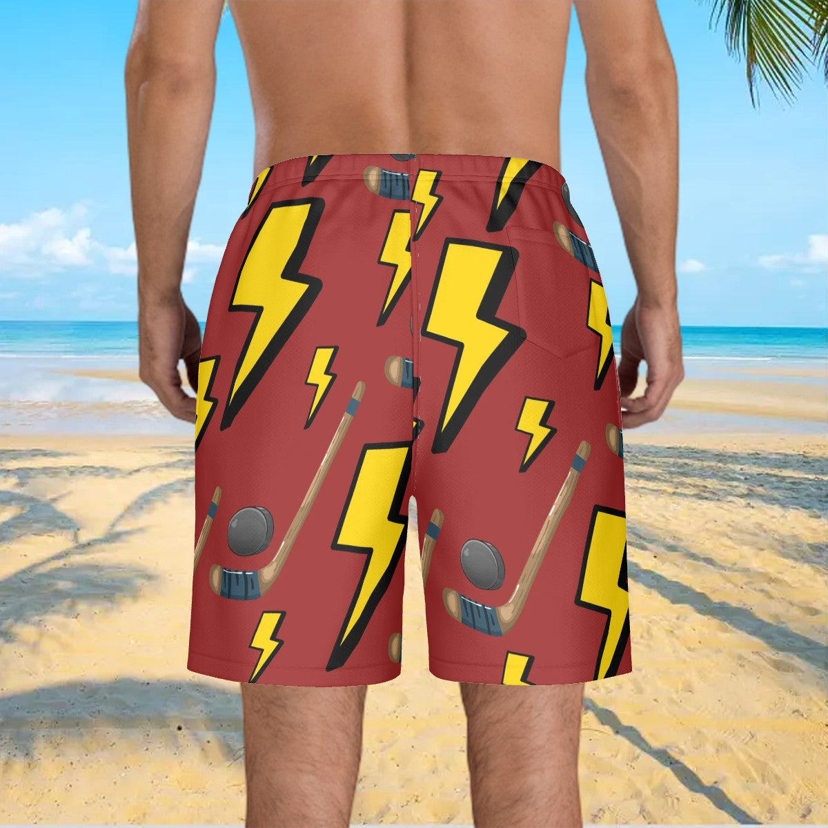 Men/Teen Swim Shorts - Lightning Bolts and Hockey Sticks Classic Red
