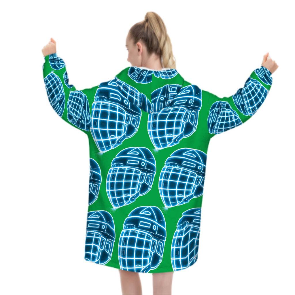 Adult Blanket Sweatshirt - Hockey Helmet Neon Blue Green