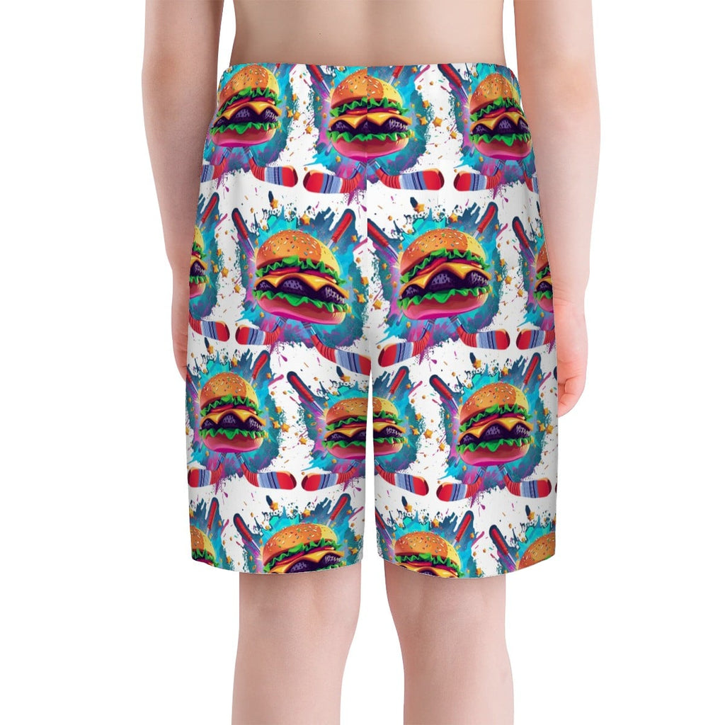 Youth Swim Shorts - Cheeseburger and Hockey Sauce White